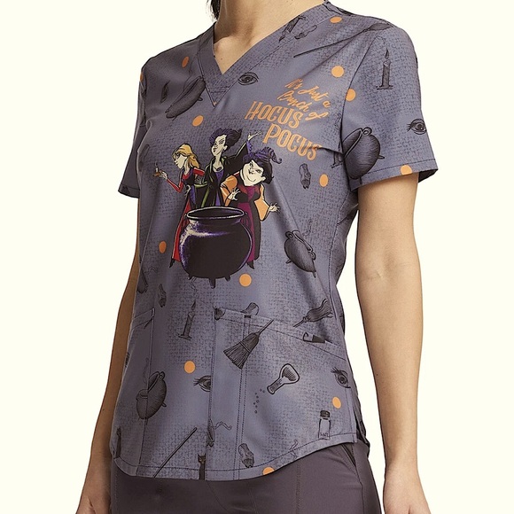 🔥SALE💥HOCUS POCUS CHEROKEE SCRUBS TOONIFORMS DISNEY V NECK TOP SZ LG EUC - Picture 11 of 12